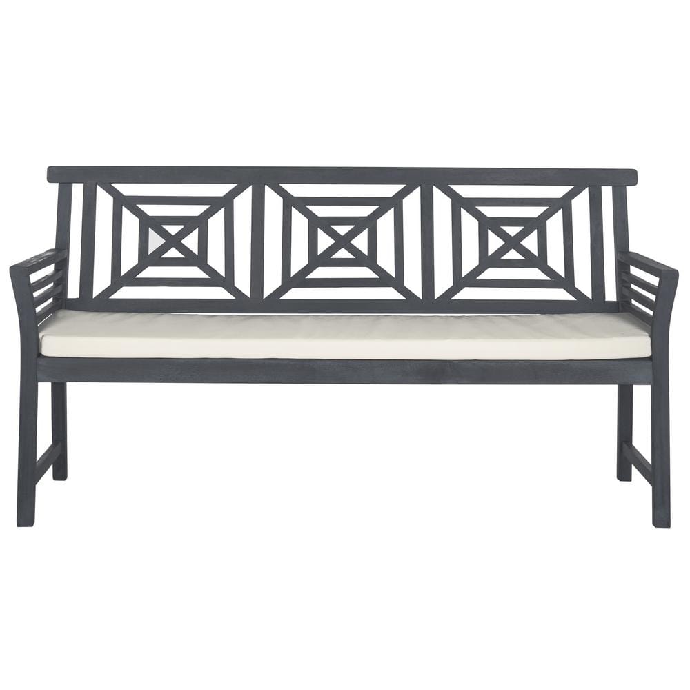 SAFAVIEH Del Mar 63 in. 3-Person Ash Gray Acacia Wood Outdoor Bench with Beige Cushions