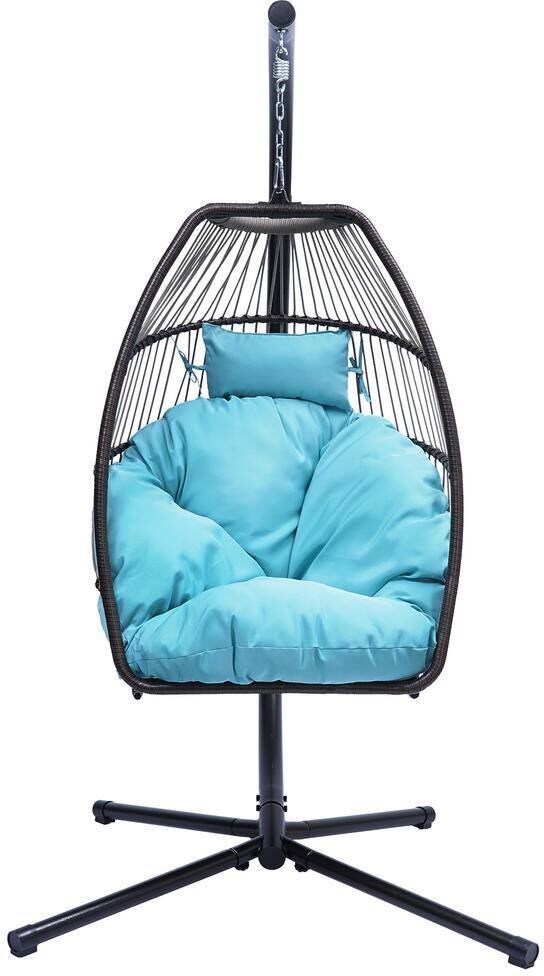 3.75 ft. Blue Courtyard Wicker Folding Hanging Chair with Cushion and Pillow