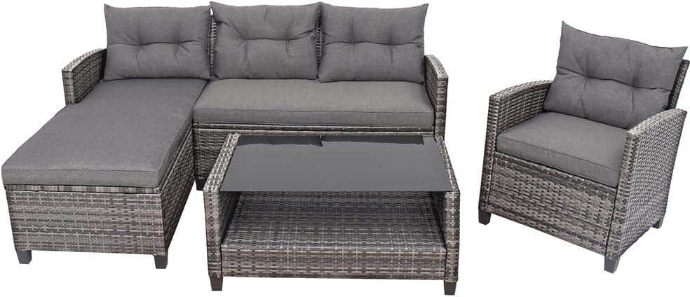 Costway 4-Piece Plastic Wicker Outdoor Sectional Set with Gray Cushion Patio Rattan Furniture Set Sofa Ottoman Garden Deck