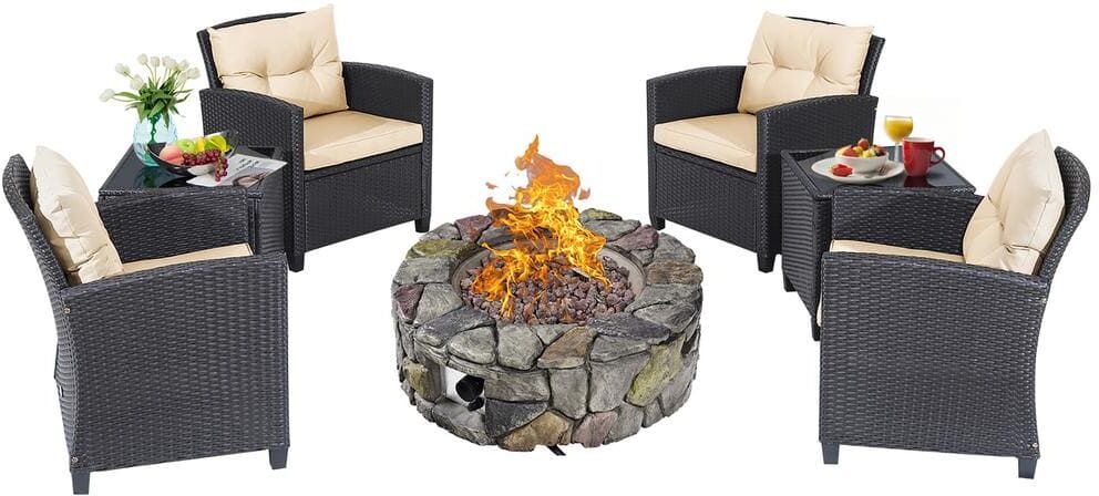 Costway 7-Piece Patio Wicker Furniture Set with Brown Cushions Gas Fire Pit Sofa Side Table Cushioned