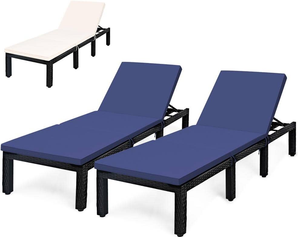 Costway Rattan Patio Outdoor Lounge Chair Chaise Recliner Adjust with Navy and Off White Cover Cushions (2-Pack)