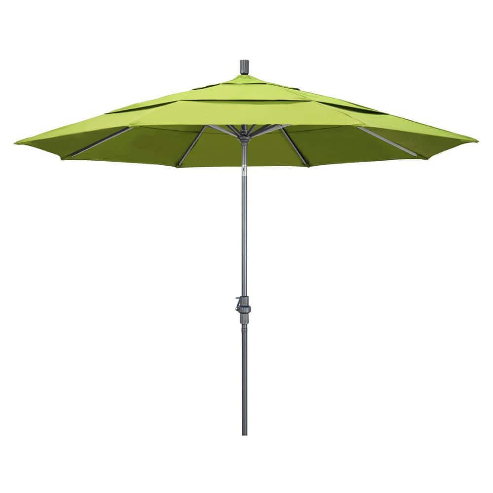 California Umbrella 11 ft. Hammertone Grey Aluminum Market Patio Umbrella with Crank Lift in Parrot Sunbrella