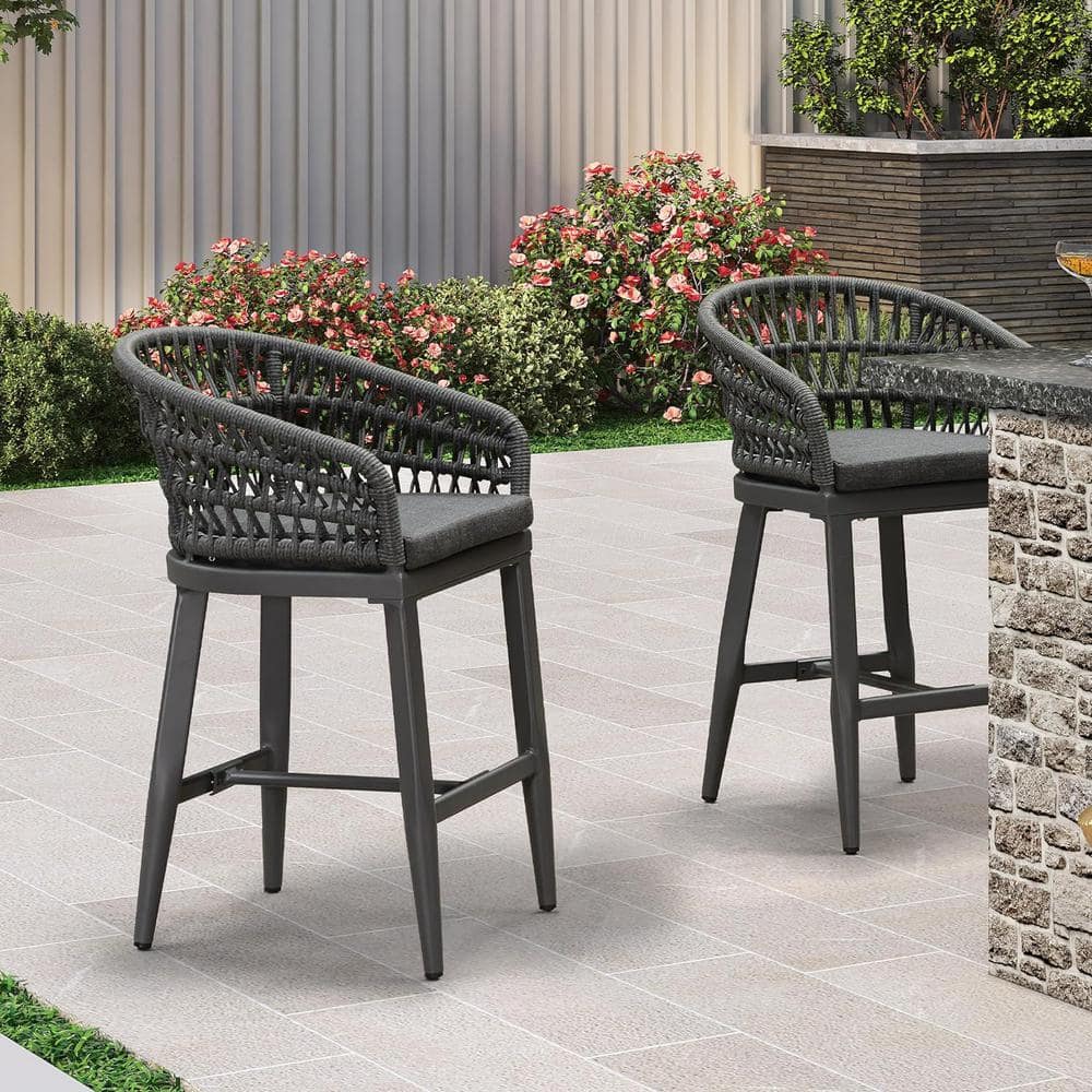 PURPLE LEAF Modern Aluminum Rattan Counter Height Outdoor Bar Stool with Back and Grey Cushion (2-Pack)