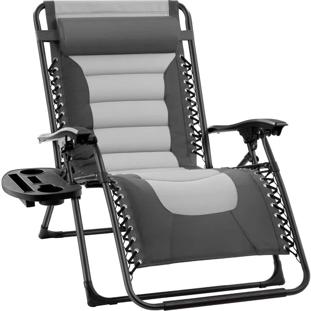 Best Choice Products Oversized Padded Zero Gravity Gray/Light Gray Metal Reclining Outdoor Lawn Chair with Side Tray