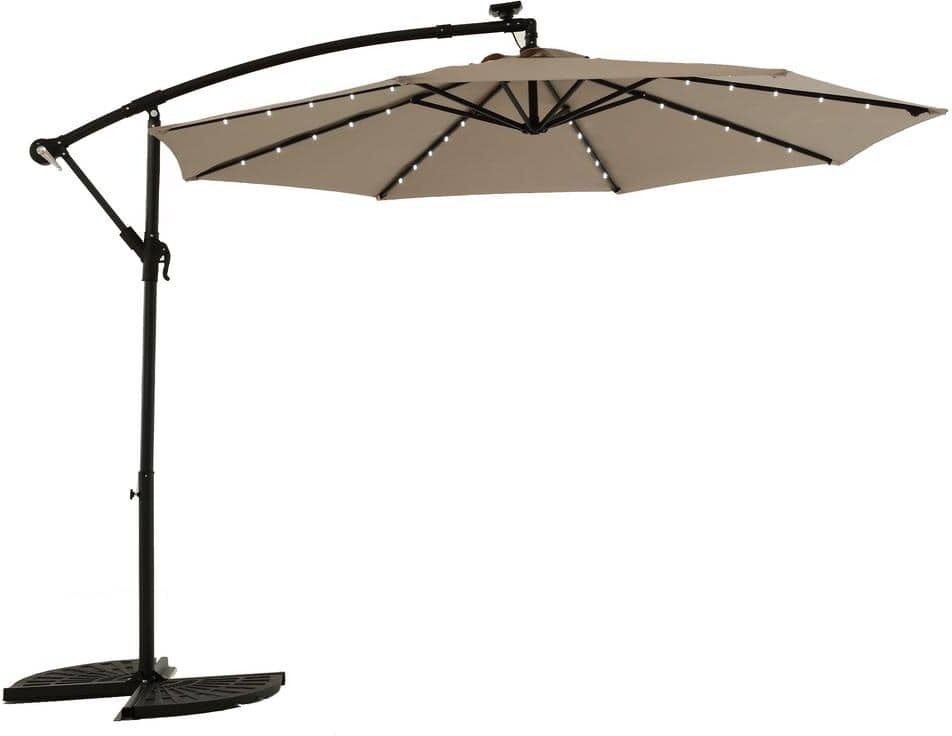 Harper & Bright Designs 10 ft. Solar-Powered Hanging Cantilever Patio Umbrella in Khaki with 40 LED Lights, Hand-Crank Lift, Easy-Tilt System