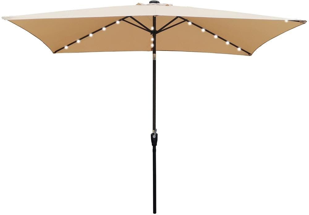 10 ft. Solar Led Powder Coated Aluminum Rectangular Market Outdoor Patio Umbrella with Crank Button Tilt System in Tan