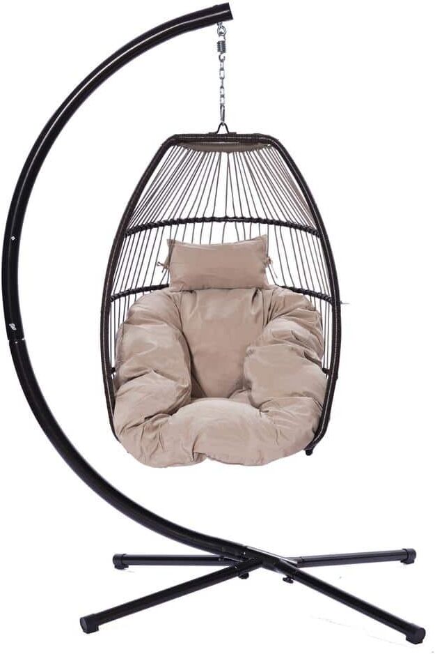 3.75 ft. Brown Courtyard Wicker Folding Hanging Chair with Cushion and Pillow