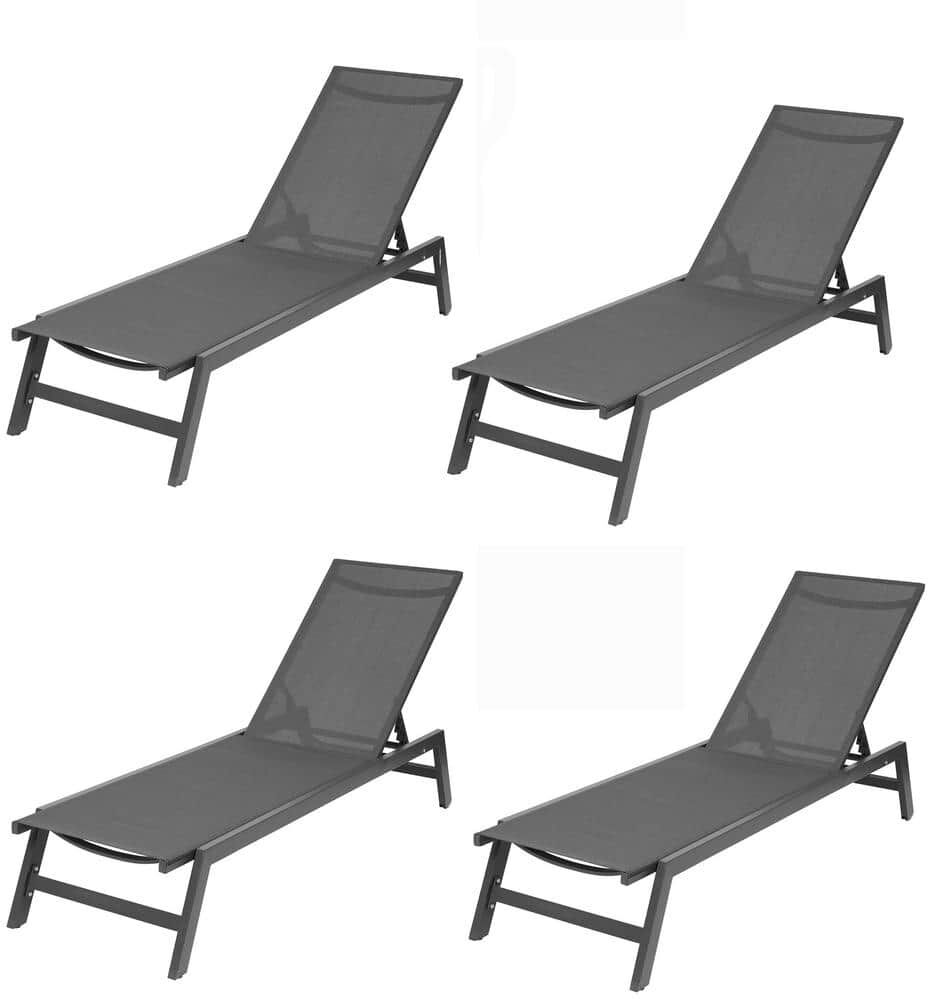 4-Piece Set Metal Outdoor Chaise Lounge Chairs, 5-Position Adjustable Aluminum Recliner, All Weather, Gray Fabric