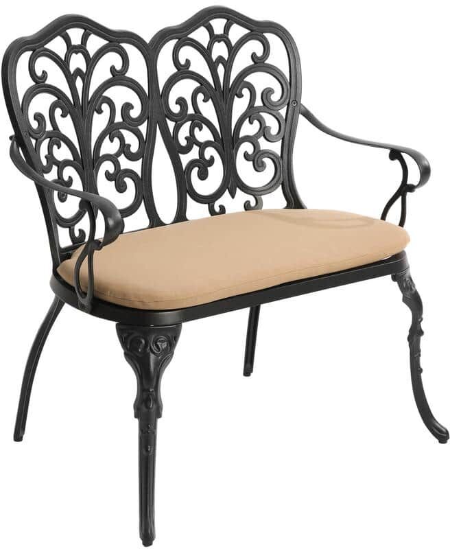 HOMEFUN 2-Person Outdoor Butterfly Black Cast Aluminum Patio Garden Bench with Cushion