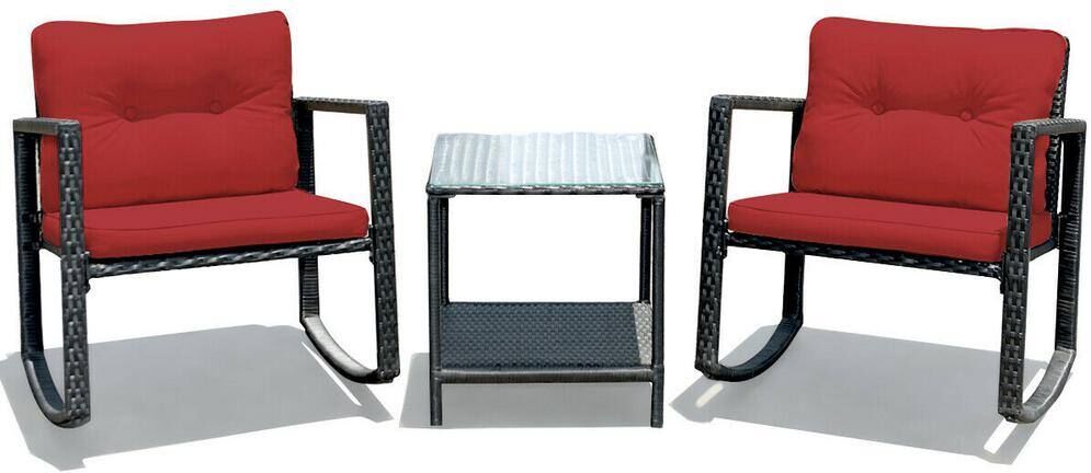 ANGELES HOME 3-Piece PE Wicker Outdoor Sofa Set Patio Conversation Set with Rocking Chairs and Red Cushions