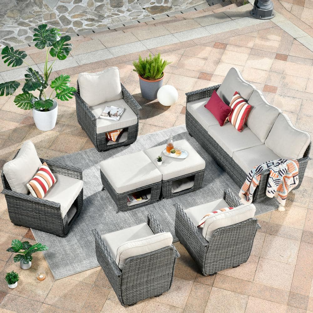 HOOOWOOO Echo Black 7-Piece Wicker Multi-Functional Pet Friendly Outdoor Patio Conversation Sofa Set with Beige Cushions