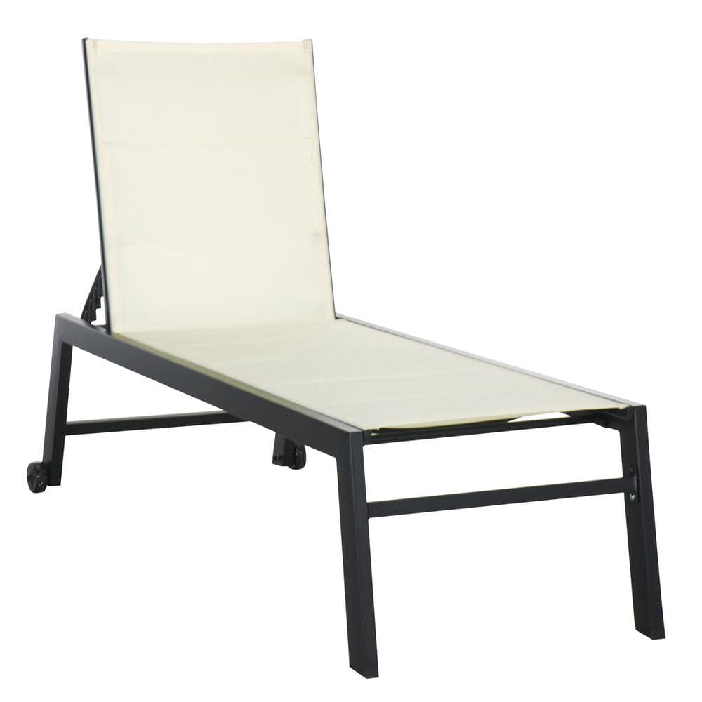 White Breathable Fabric Steel Frame Outdoor Chaise Lounge with Wheels, Five Position Recliner for Beach, Yard, Patio