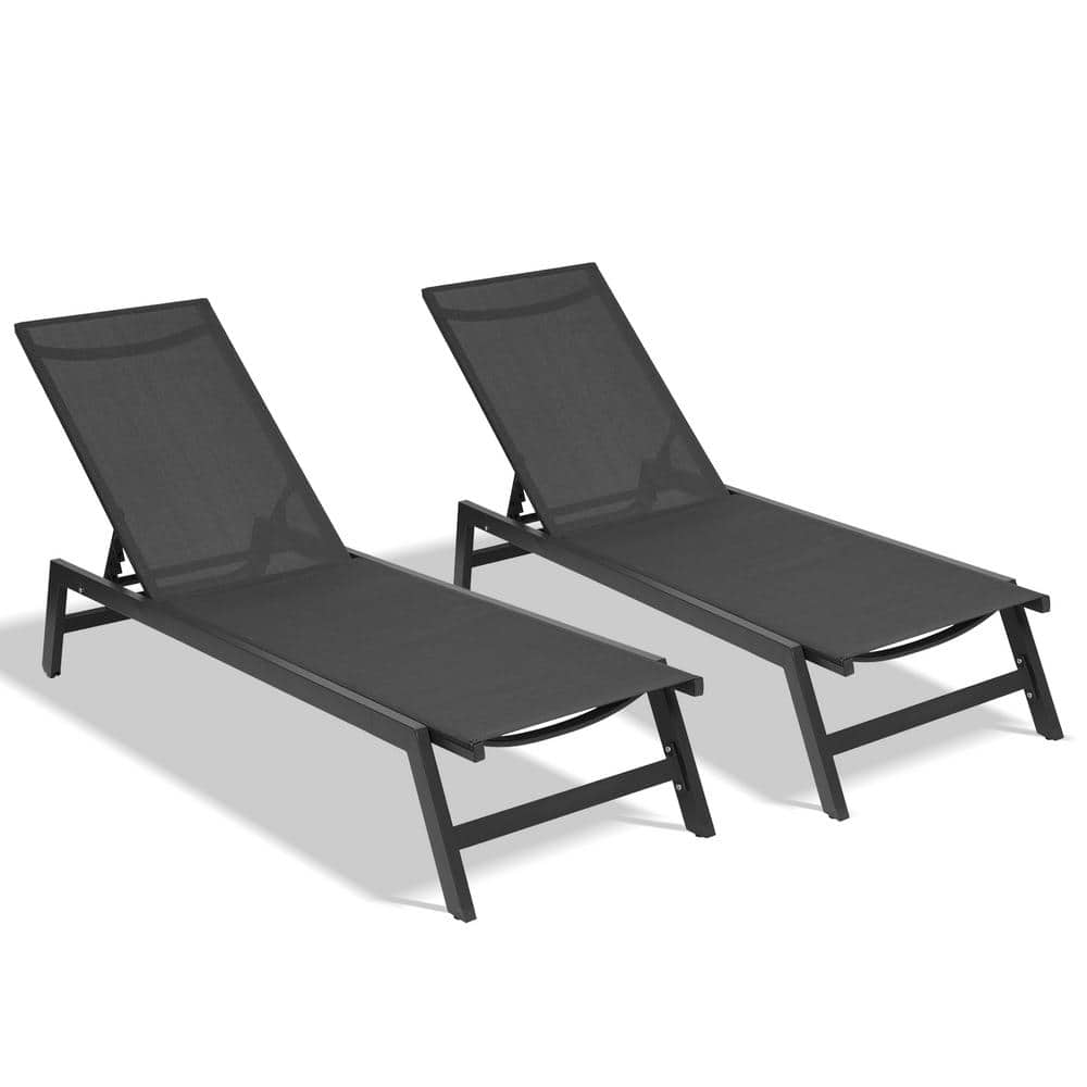 Sudzendf 2-Piece Aluminum Outdoor Chaise Lounge Set 5-Position Adjustable Aluminum Recliner (Grey Frame/Black Fabric)