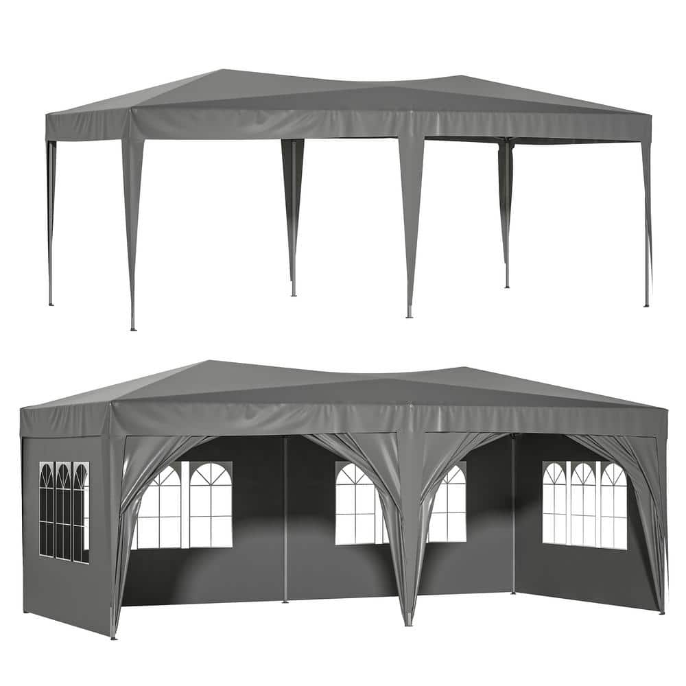 Savone 10 ft. x 20 ft. Pop Up Canopy Outdoor Portable Party Folding Tent w/6 Removable Sidewalls + Carry Bag + 6pcs Bag, Grey