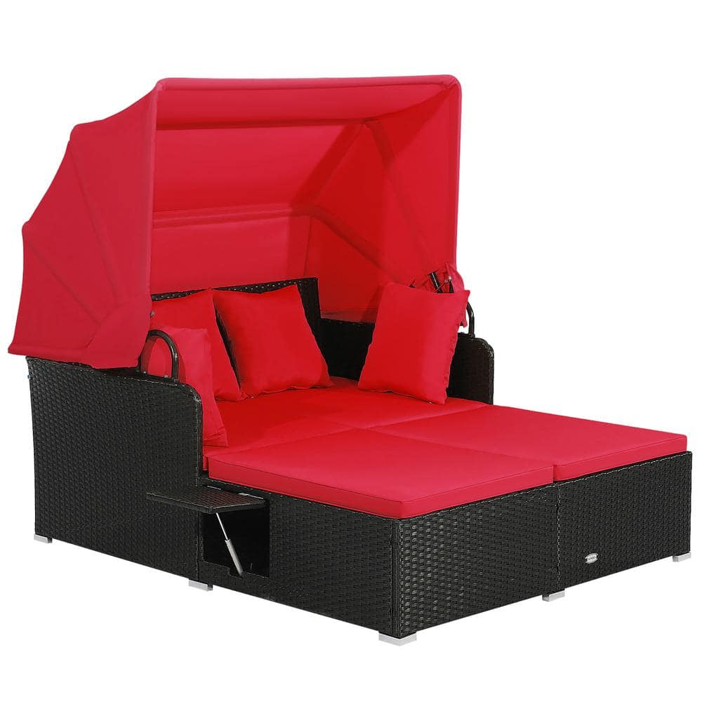 Costway Wicker Outdoor Day Bed Lounge with Retractable Top Canopy Side Tables Red Cushions