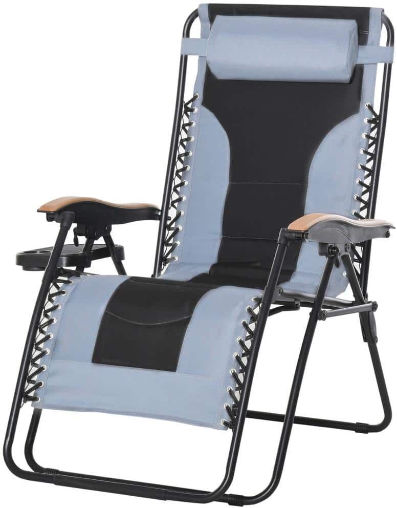 Outsunny Black Zero Gravity Metal Outdoor Lounge Chair Recliner with Grey/Black Sling Cushions and a Folding Design