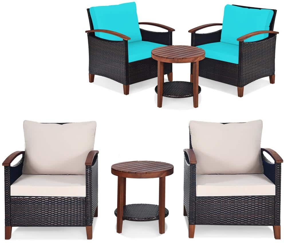 Costway 3-Piece Patio Wicker Sofa Outdoor Bistro Set Acacia Wood Frame with Beige and Turquoise Cushion Covers