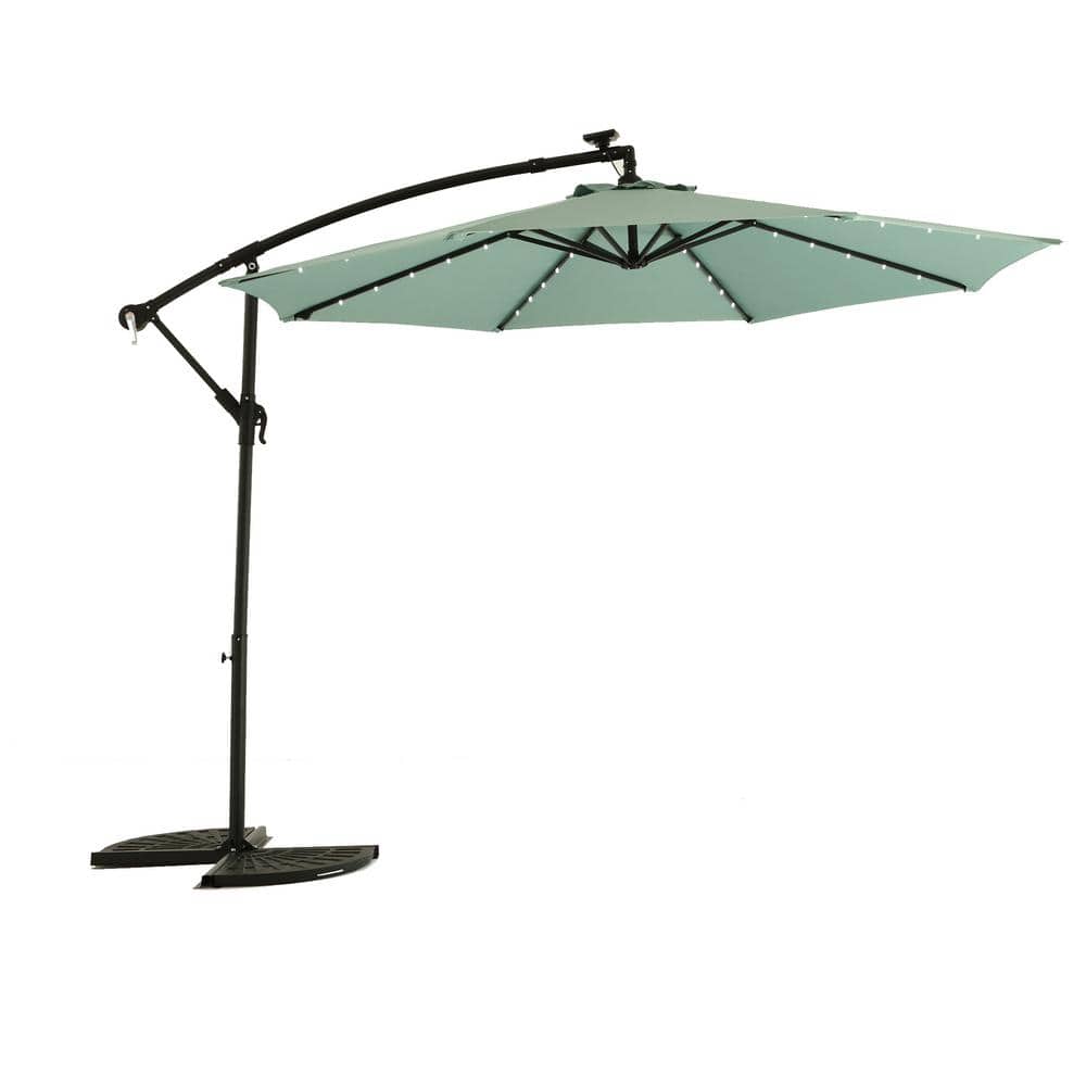 Zeus & Ruta 10 ft. Cantilever Umbrella in Light Green with Crank and 40 LED Lights for Garden Outside Deck Swimming Pool