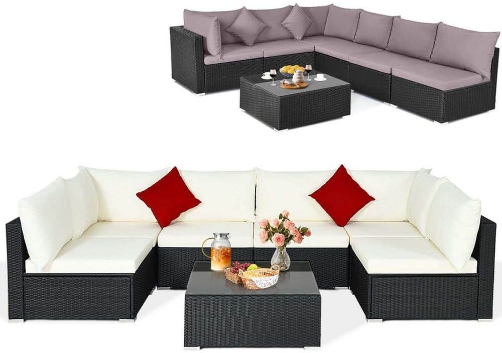 Costway 7-Piece Rattan Patio Conversation Set Sectional Sofas with Off White and Grey Cushion Covers