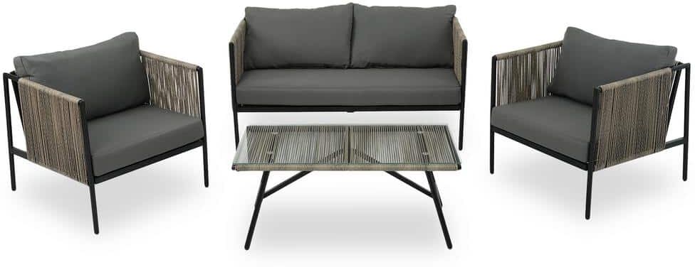 URTR 4-Piece Wicker and Metal Patio Conversation Set Outdoor Sectional Sofa Set with Loveseat, Armchair, Table, Gray Cushion