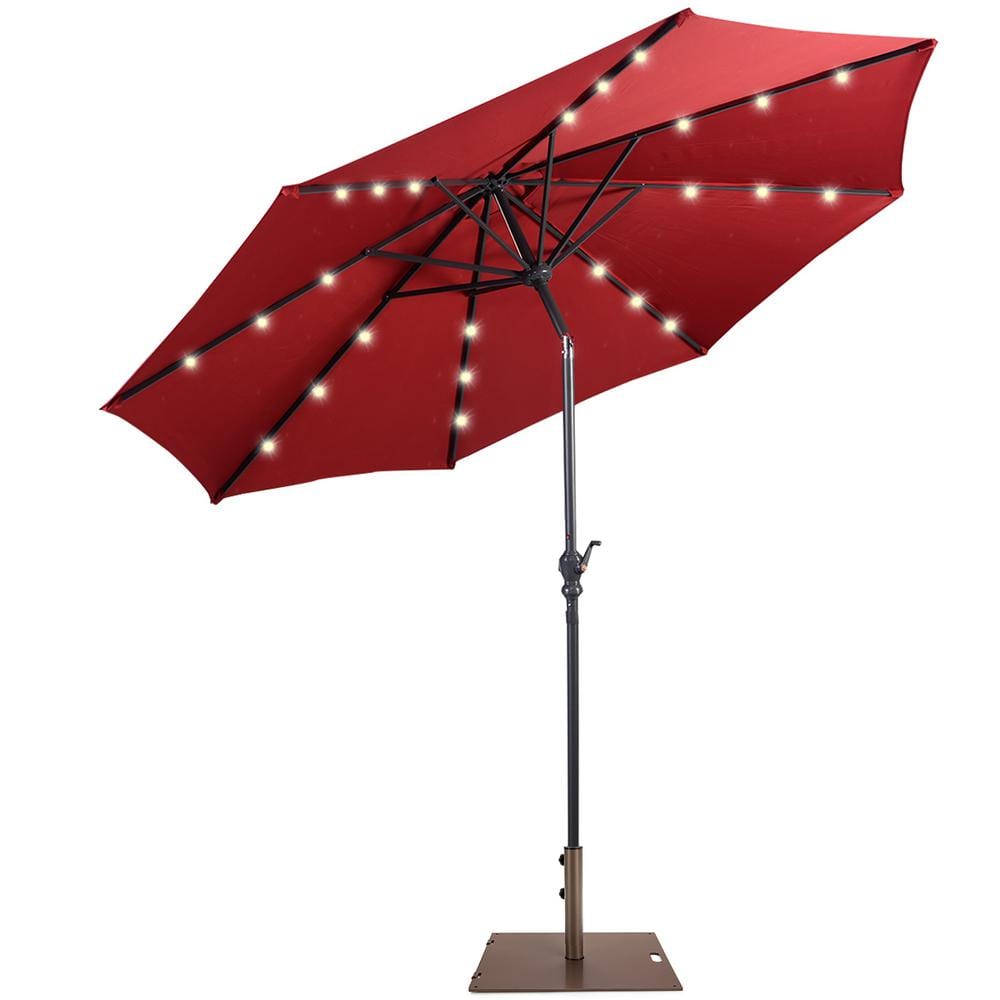 Costway 10 ft. Solar Lights Patio Umbrella Outdoor in Wine with 50 lbs. Movable Umbrella Stand