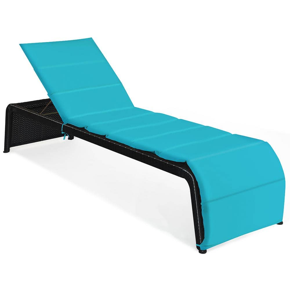 Costway Black Adjustable Height Rattan Wicker Outdoor Patio Recliner Chair Chaise Lounge with Turquoise Cushion