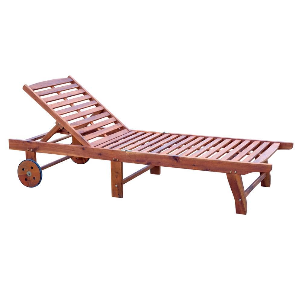 Outsunny Wooden Outdoor Folding Chaise Lounge Chair Recliner with Wheels in Wood Color