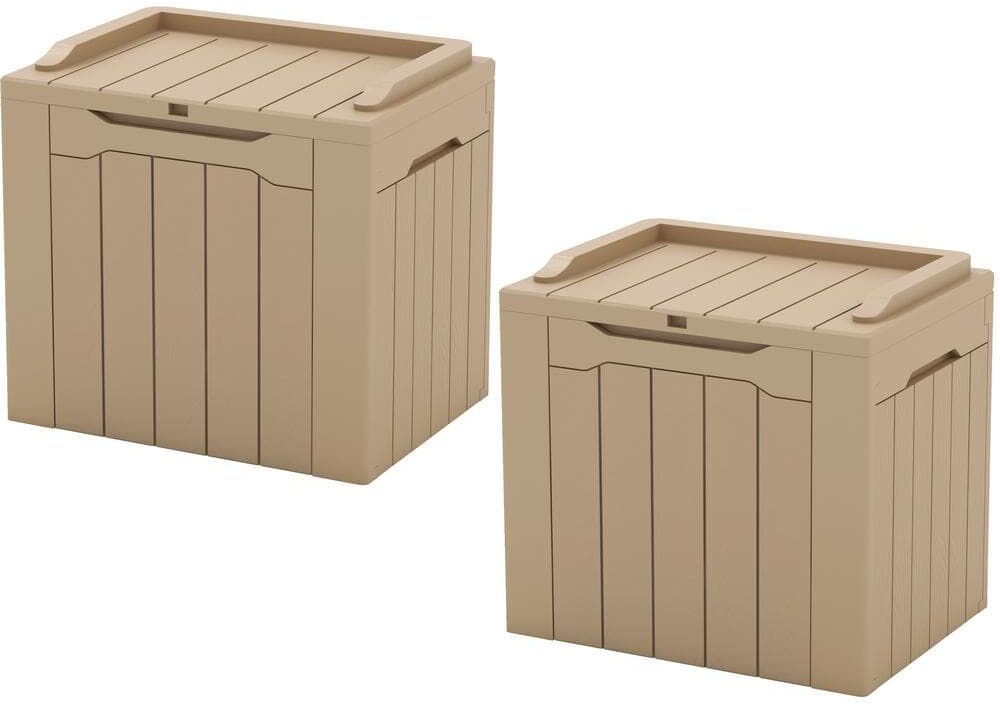 Patiowell 32 Gal. Wood-Grain Deck Box with Seat, Outdoor Lockable Storage Box for Patio Furniture in Light Brown (2-Pack)