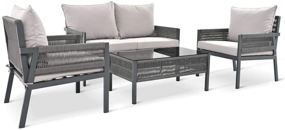 URTR 4-Piece Modern Rope and Metal Patio Conversation Set Outdoor Sofa Set Chat Set with Armchairs and Table, Gray Cushion