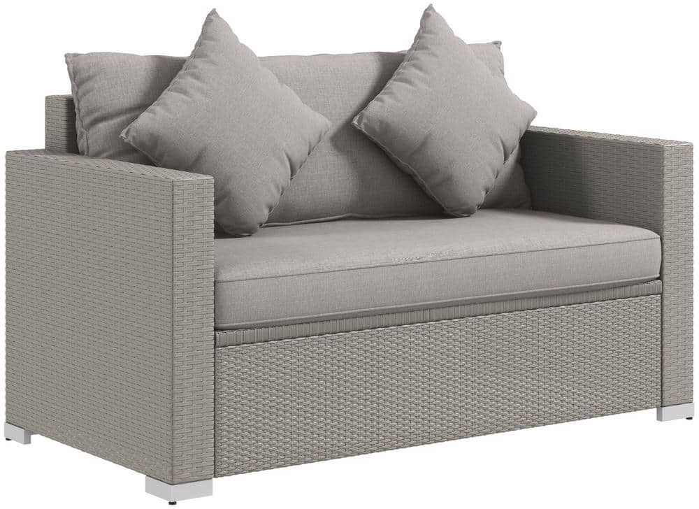 Outsunny Gray Wicker Outdoor Patio Furniture Couch with Gray Cushions