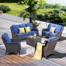 XIZZI Mona Lisa Brown 5-Piece Wicker Outdoor Patio Conversation Seating Set with Navy Blue Cushions