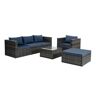 Sudzendf Dark Gray 6-Piece Wicker Outdoor Patio Conversation Set With Tempered Glass Coffee Table and Navy Blue Cushions