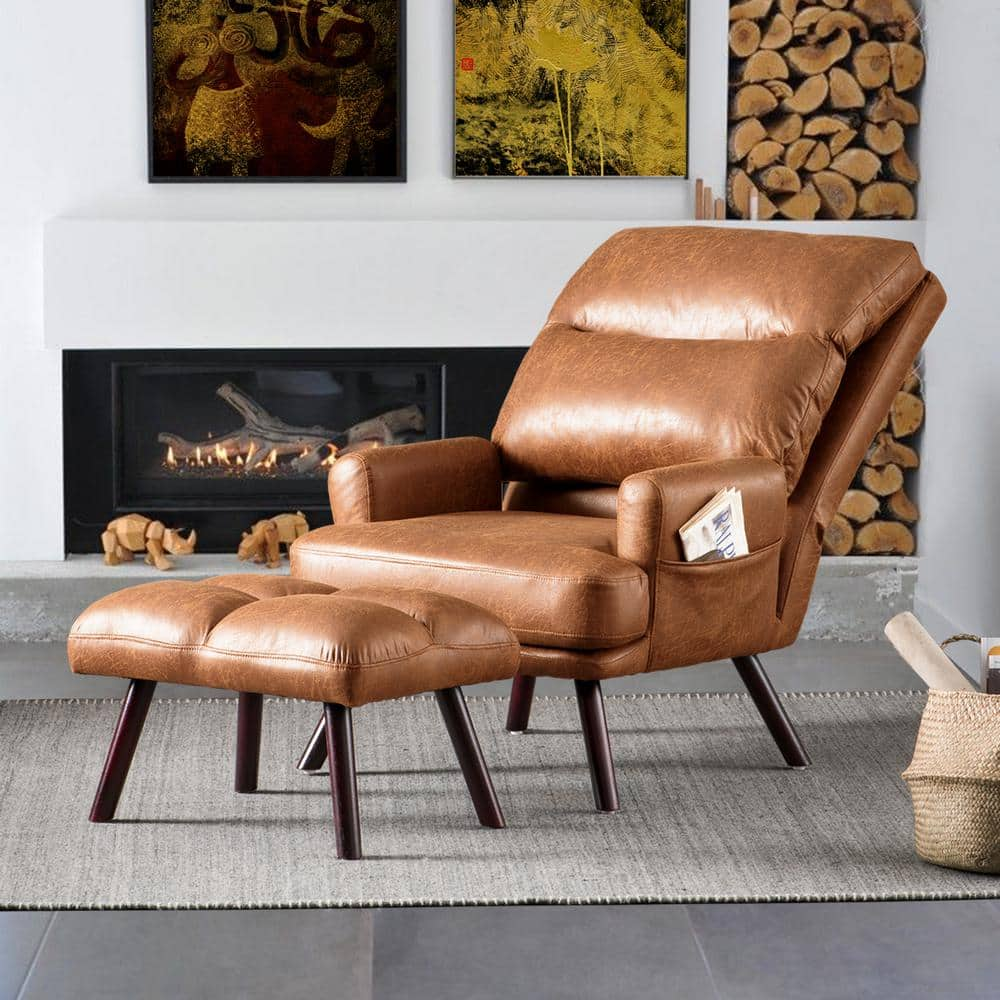 Allwex Breathabo Brown Suede Fabric Living Room Recliner Accent Chair with Ottoman Set