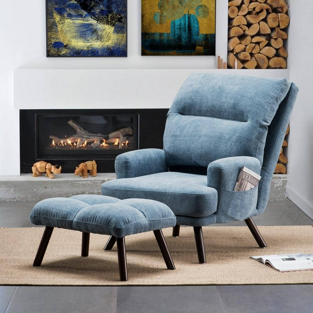 Allwex Breathabo Blue Linen Living Room Recliner Accent Chair with Ottoman Set