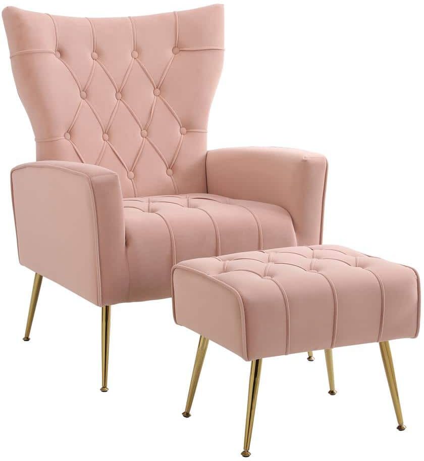 Pink Velvet Accent Chair with Ottoman Modern Upholstered Modern Single Sofa Side Chair Comfy Barrel Club Armchair