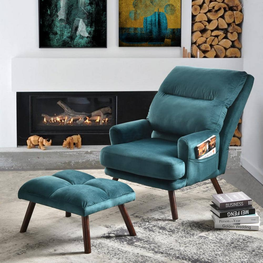 Allwex Breathabo Green Velvet Living Room Recliner Accent Chair with Ottoman Set