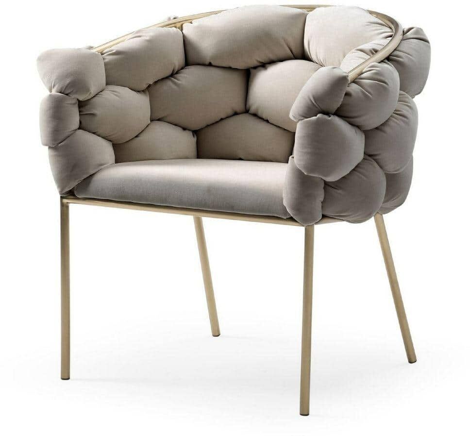 Benjara Modern Beige and Gold Fabric and Metal Bubble Tufted Back Arm Chair