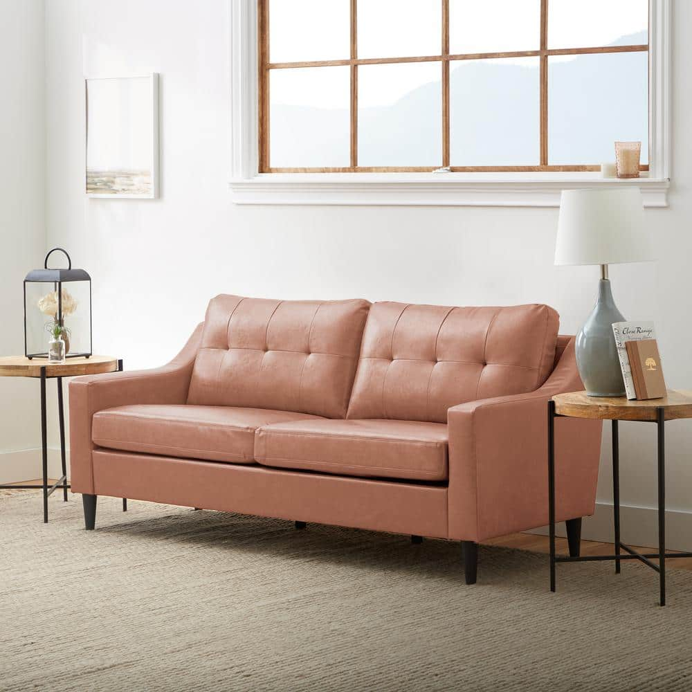 Brookside Ellen 76 in. Slope Arm Faux Leather Straight Tufted Sofa in Camel Brown