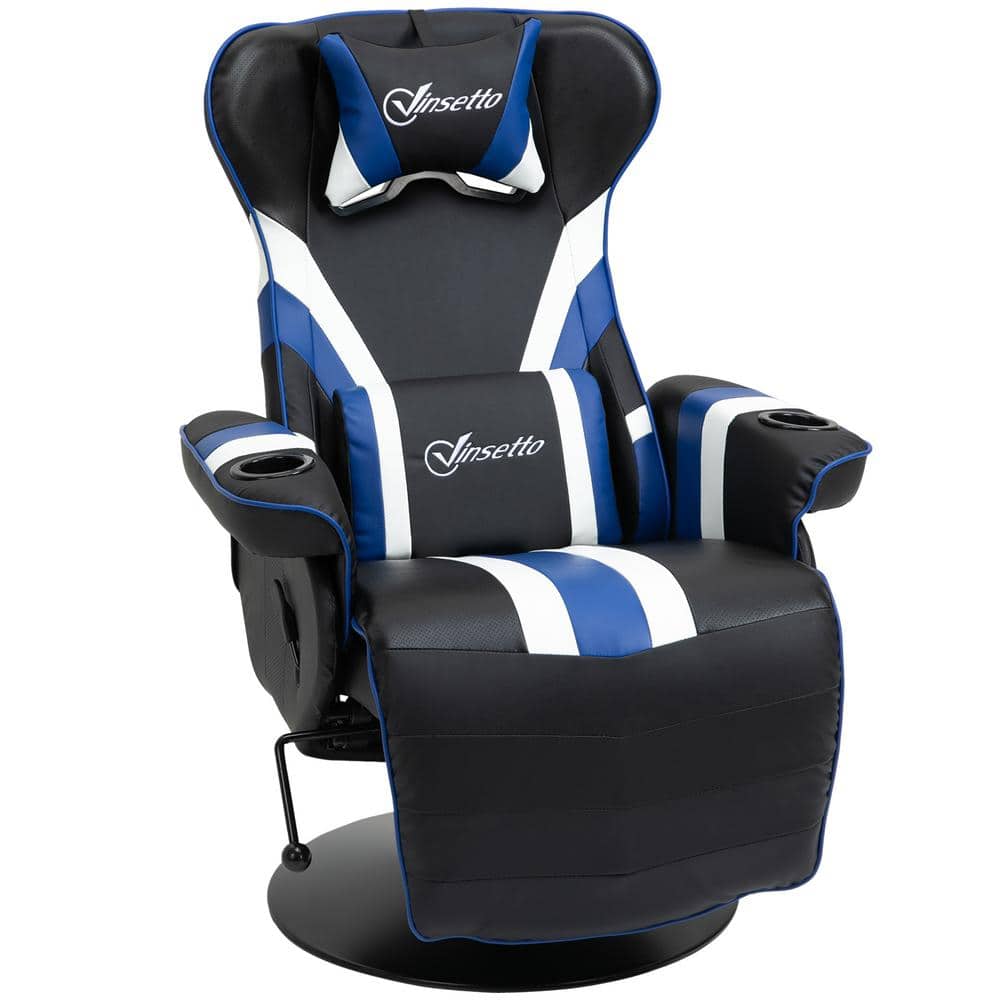 Vinsetto Modern Black White Blue PVC Race Video Game Chair with Reclining Backrest and Footrest Headrest and Cup Holder