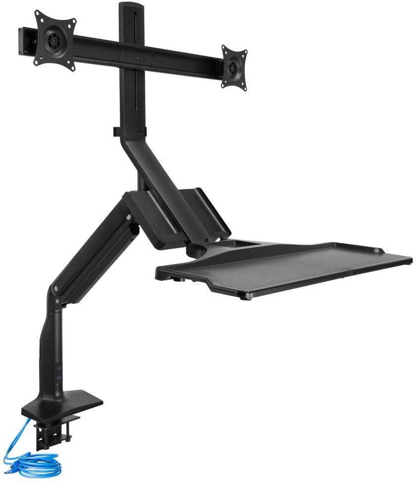 Mount-It 26 in. Rectangular Black Standing Desk Converter with Dual Monitor Arm Mount and Phone Holder