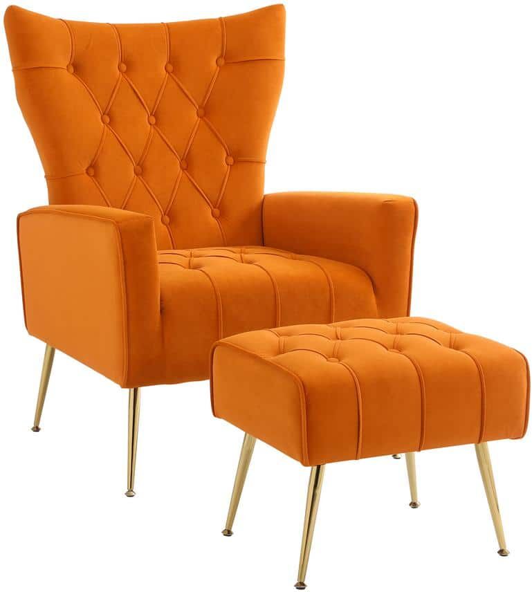 Orange Velvet Accent Chair with Ottoman Modern Upholstered Modern Single Sofa Side Chair Comfy Barrel Club Armchair