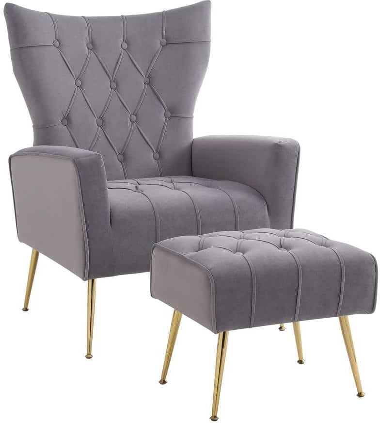 Grey Velvet Accent Chair with Ottoman Modern Upholstered Modern Single Sofa Side Chair Comfy Barrel Club Armchair