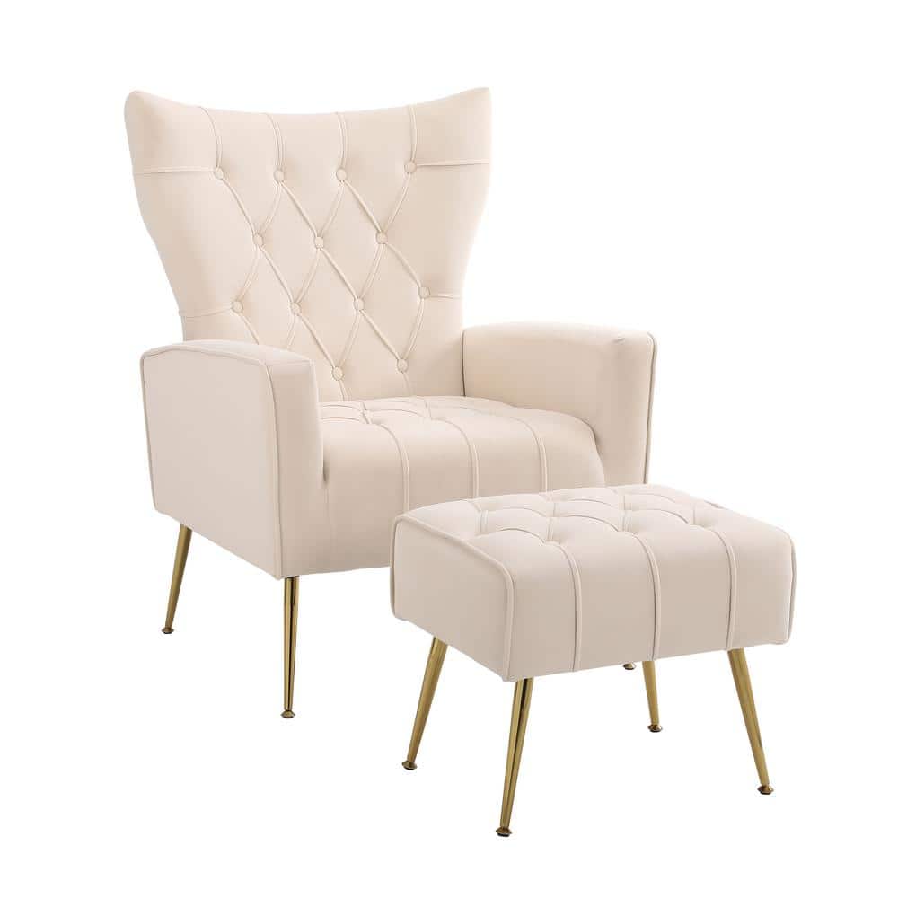 Beige Velvet Accent Chair with Ottoman Modern Upholstered Modern Single Sofa Side Chair Comfy Barrel Club Armchair