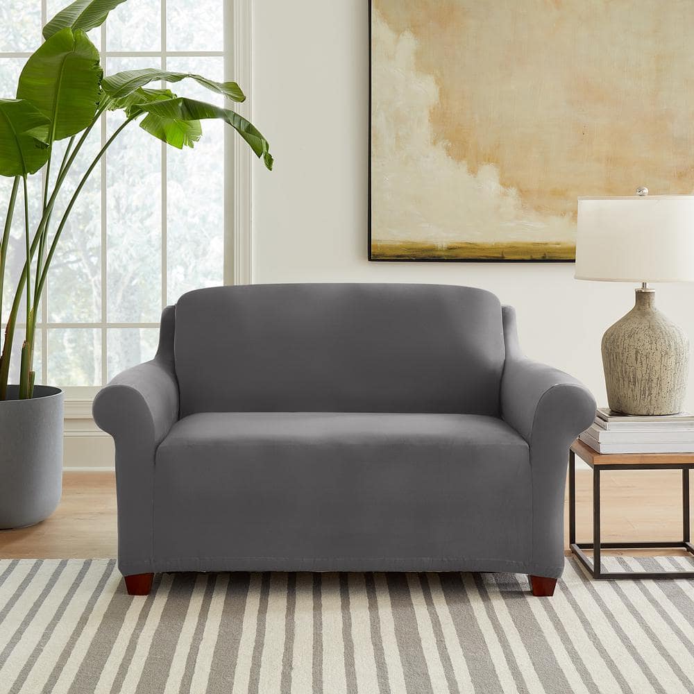 Sure-Fit Hampstead Stretch Velvet Charcoal Polyester Loveseat Slipcover