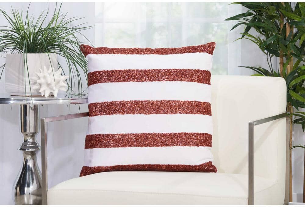 Mina Victory Beaded Red and White Striped 20 in. x 20 in. Indoor/Outdoor Throw Pillow