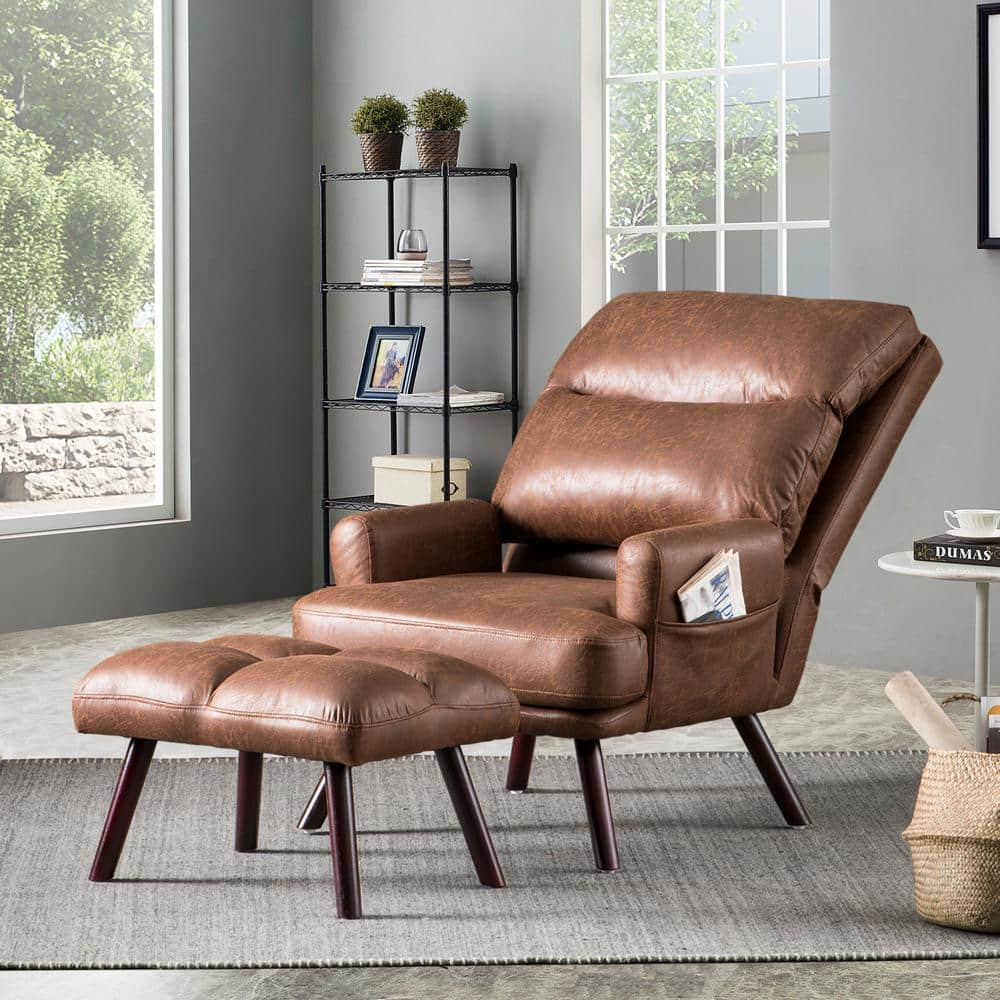 Allwex Magic Brown Suede Fabric Recliner Accent Chair and Ottoman Set with Side Bags