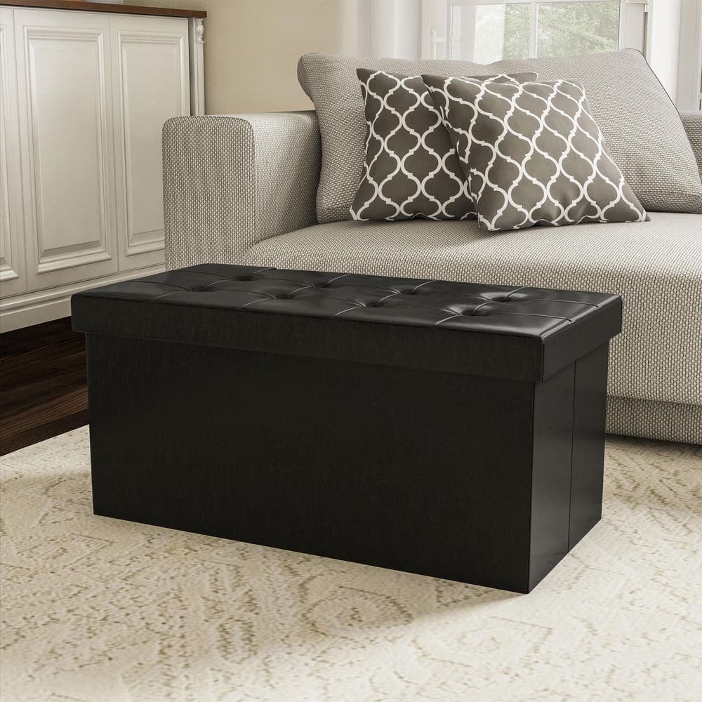 Home-Complete Black Faux Leather Storage Ottoman