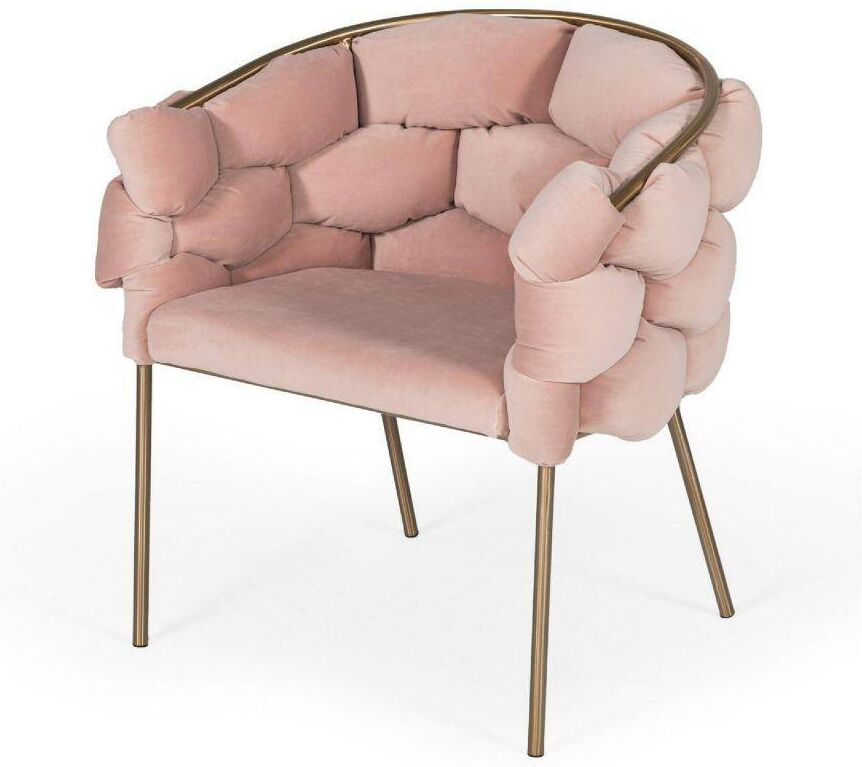 Benjara Modern Pink and Gold Fabric and Metal Deep Bubble Tufted Back Arm Chair