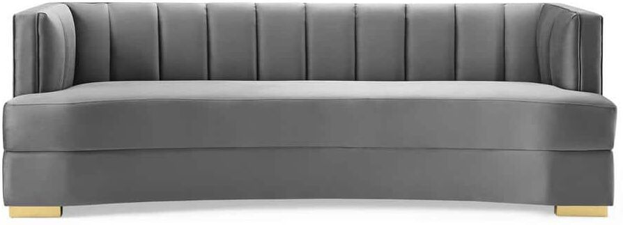 MODWAY Encompass 85 in. Gray Channel Tufted Velvet 3-Seater Curved Tuxedo Sofa with Square Arms