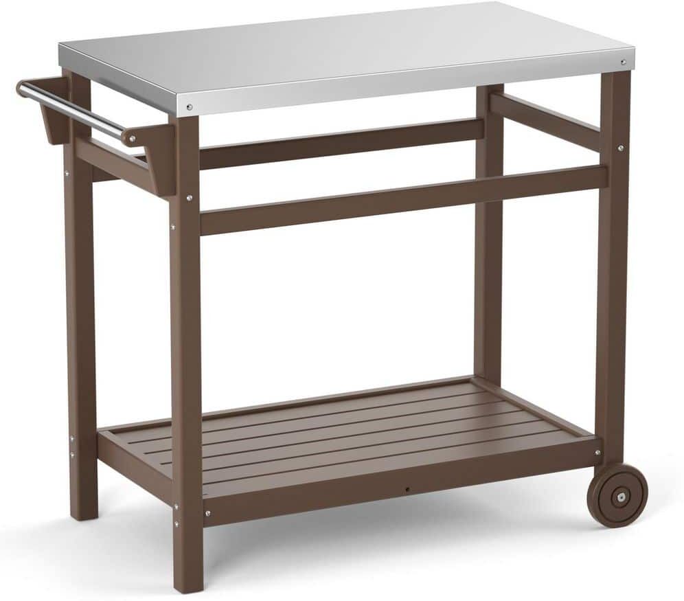 Huluwat Brown Outdoor Movable Dining Cart Table with Stainless Steel Countertop